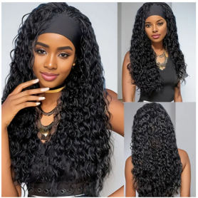 Bandeau Perruque Ondulée Noire Profonde de 60.96 cm pour Femmes, Cheveux Synthétiques Longs sans Colle