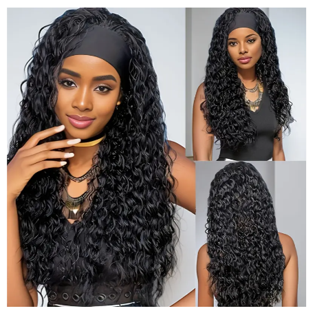 Bandeau Perruque Ondulée Noire Profonde de 60.96 cm pour Femmes, Cheveux Synthétiques Longs sans Colle